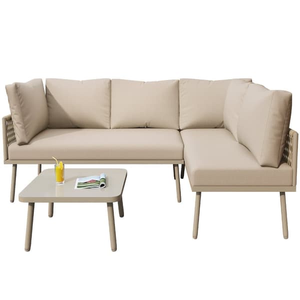 Iron havestole - L-formede havemøbler - Med sædehynder - Justerbare fødder - 2 sofaer + 1 bord - Khaki