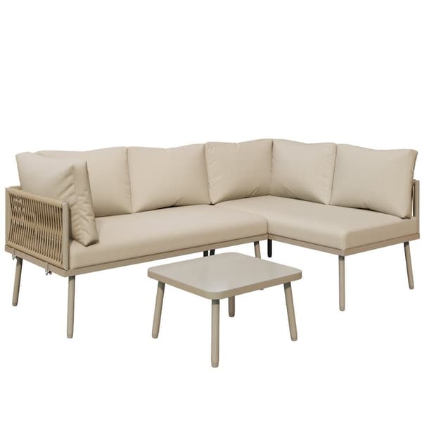 Iron havestole - L-formede havemøbler - Med sædehynder - Justerbare fødder - 2 sofaer + 1 bord - Khaki