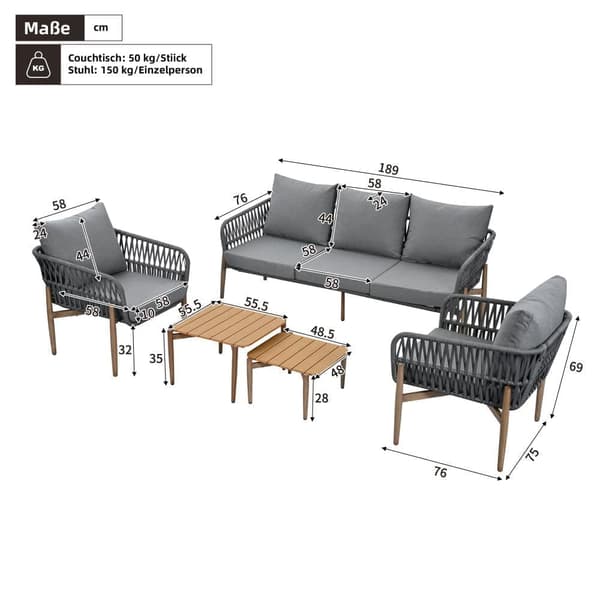 Havestue - sæt havesofaer - 5 sæder - lavet af galvaniseret jern - sofa - 2 lave borde - 2 lænestole - grå