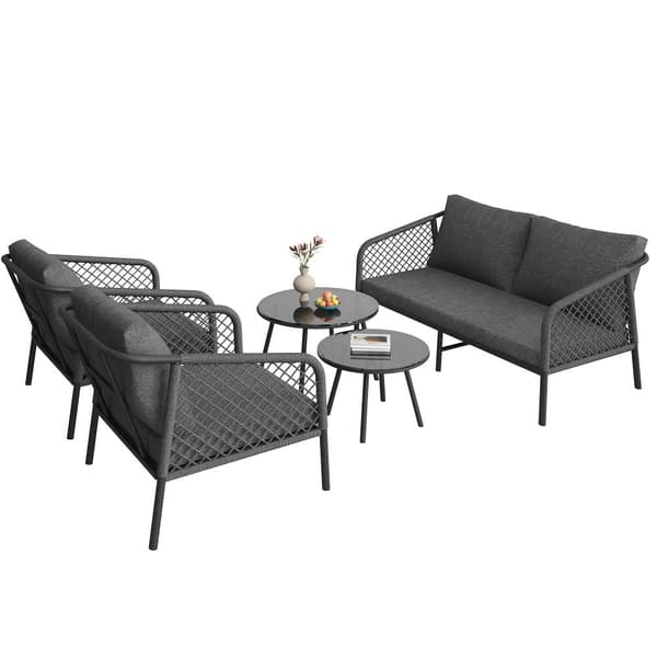 Havestue til 4 personer - Med ryghynder - med 1 sofa - 2 lænestole, 2 russiske borde (bordstiger) lavet af glas, grå