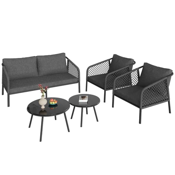 Havestue til 4 personer - Med ryghynder - med 1 sofa - 2 lænestole, 2 russiske borde (bordstiger) lavet af glas, grå
