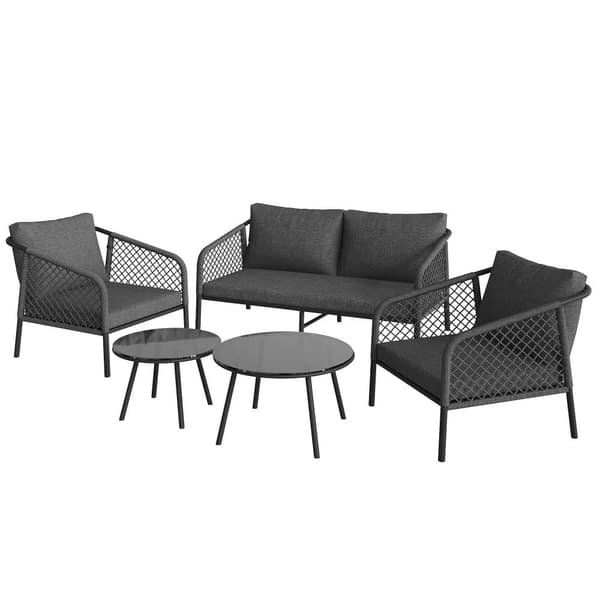 Havestue til 4 personer - Med ryghynder - med 1 sofa - 2 lænestole, 2 russiske borde (bordstiger) lavet af glas, grå