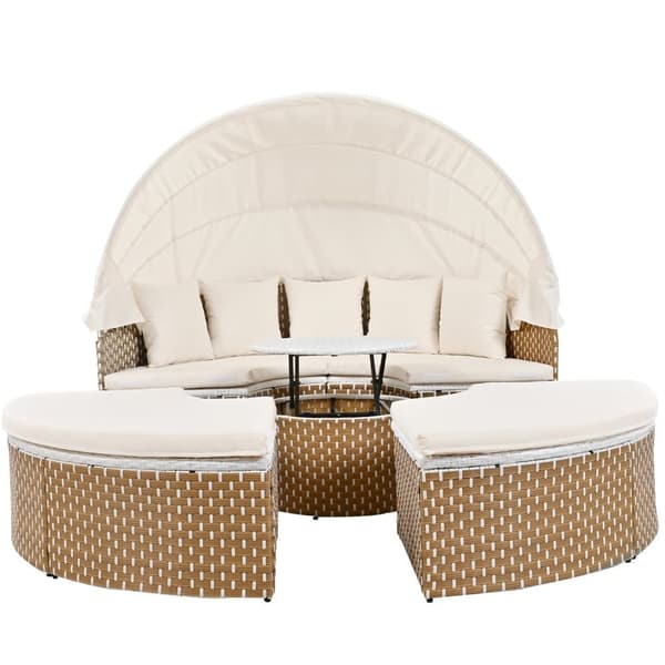 Rundt havemøbelsæt - PE rattan loungesofa med justerbar baldakin - 4 sæder og 1 sofabord - beige