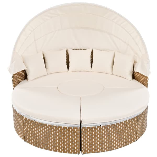 Rundt havemøbelsæt - PE rattan loungesofa med justerbar baldakin - 4 sæder og 1 sofabord - beige
