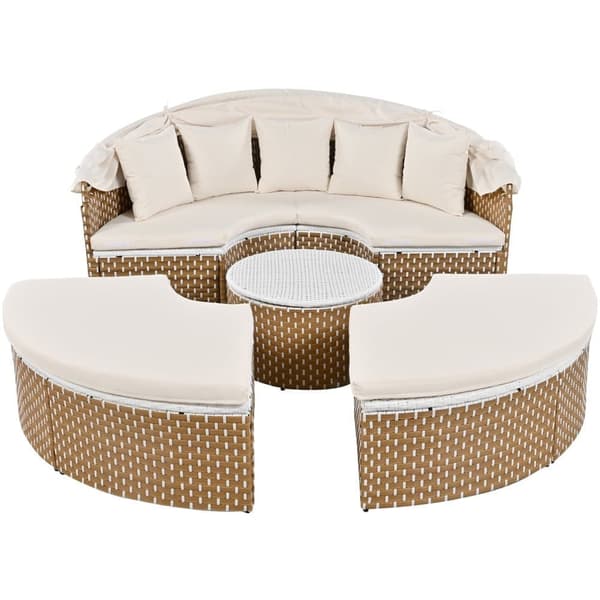 Rundt havemøbelsæt - PE rattan loungesofa med justerbar baldakin - 4 sæder og 1 sofabord - beige