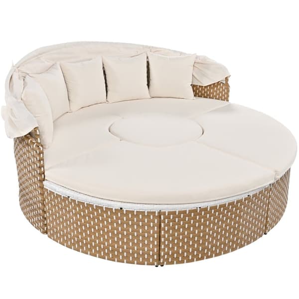 Rundt havemøbelsæt - PE rattan loungesofa med justerbar baldakin - 4 sæder og 1 sofabord - beige