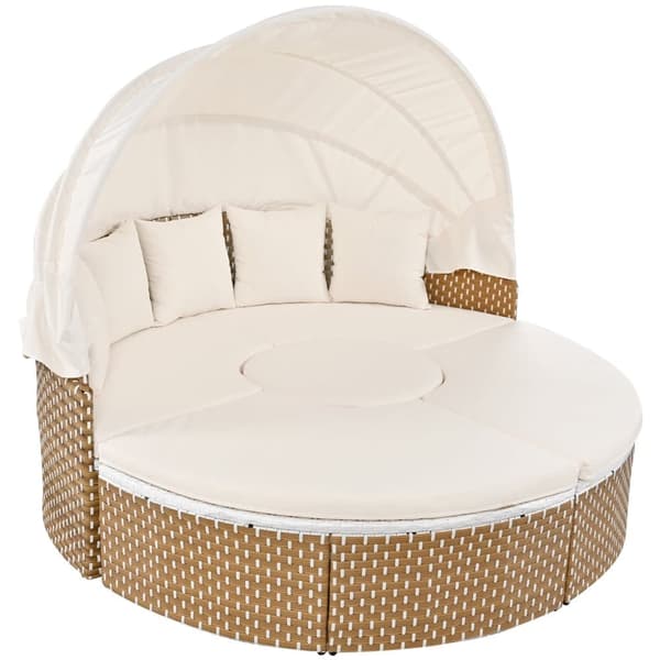 Rundt havemøbelsæt - PE rattan loungesofa med justerbar baldakin - 4 sæder og 1 sofabord - beige