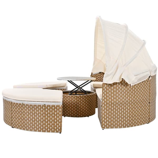 Rundt havemøbelsæt - PE rattan loungesofa med justerbar baldakin - 4 sæder og 1 sofabord - beige