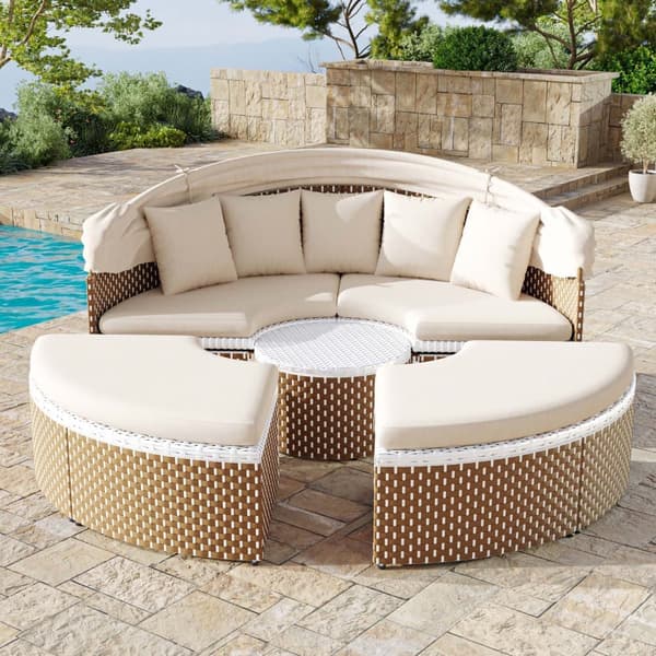Rundt havemøbelsæt - PE rattan loungesofa med justerbar baldakin - 4 sæder og 1 sofabord - beige