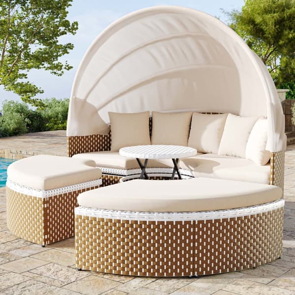 Rundt havemøbelsæt - PE rattan loungesofa med justerbar baldakin - 4 sæder og 1 sofabord - beige