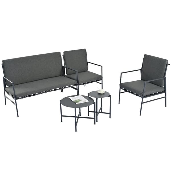 Havemøbler i sort galvaniseret stål - 4 siddepladser - sofa, 2 lænestole og 2 sofaborde - grå