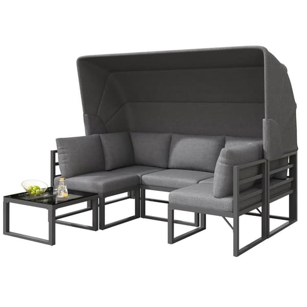 Multifunktionella trädgårdsmöbler i järn - Loungesoffa med justerbar baldakin - 5 sittplatser och 1 soffbord - Grå