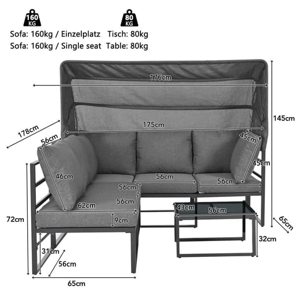 Multifunktionella trädgårdsmöbler i järn - Loungesoffa med justerbar baldakin - 5 sittplatser och 1 soffbord - Grå