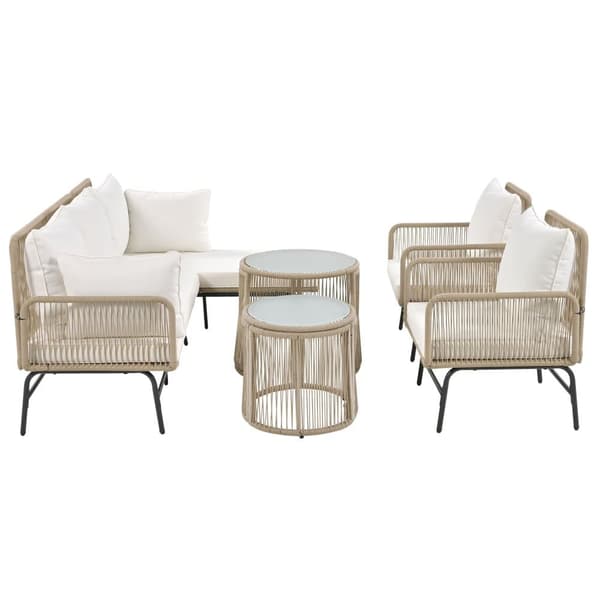 Trädgårdsloungeset, 6-sitsiga trädgårdsmöbler med flätat rep (2 soffor+2 stolar+2 bord) - Beige