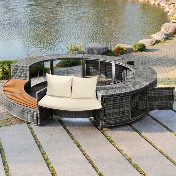 Havemøbelsæt til pool - lavet af polyrattan og akacietræ - med chaiselong sofa - grå (pool ikke inkluderet)