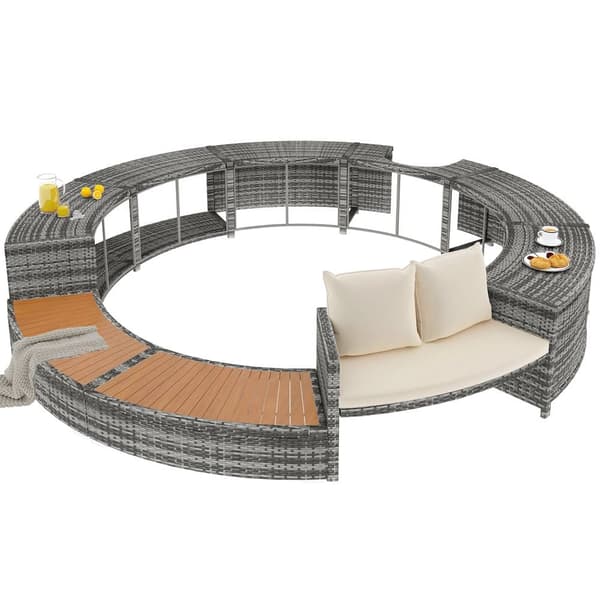 Havemøbelsæt til pool - lavet af polyrattan og akacietræ - med chaiselong sofa - grå (pool ikke inkluderet)