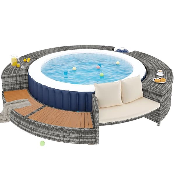 Havemøbelsæt til pool - lavet af polyrattan og akacietræ - med chaiselong sofa - grå (pool ikke inkluderet)