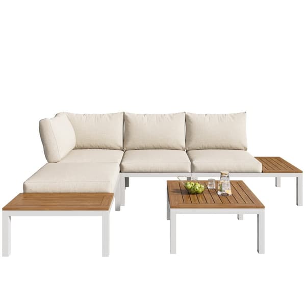 Multifunktionelle havemøbler lavet af galvaniseret stål og dekoreret med akacietræ - 4 sæder - hjørnesofa og 1 sofabord - beige