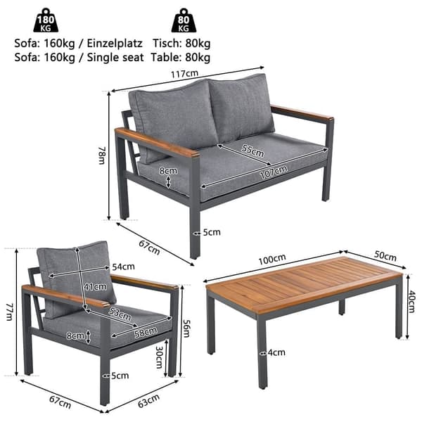 Havemøbler i galvaniseret stål - 1 sofa, 2 lænestole og 1 sofabord - møbleret med akacietræ - mørkegrå