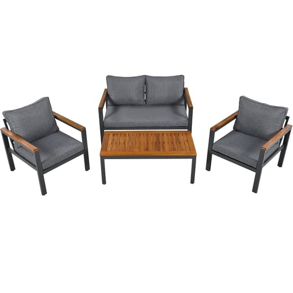 Havemøbler i galvaniseret stål - 1 sofa, 2 lænestole og 1 sofabord - møbleret med akacietræ - mørkegrå