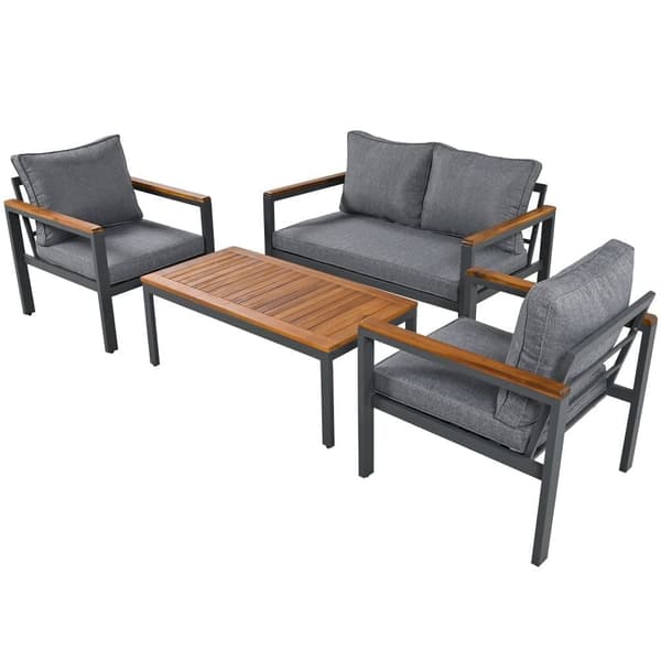 Havemøbler i galvaniseret stål - 1 sofa, 2 lænestole og 1 sofabord - møbleret med akacietræ - mørkegrå
