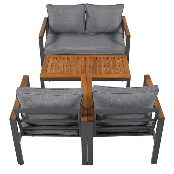 Havemøbler i galvaniseret stål - 1 sofa, 2 lænestole og 1 sofabord - møbleret med akacietræ - mørkegrå