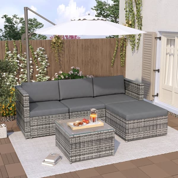 Trädgårdsloungeset, (2-delat), trädgårdsmöbler i polyrattan med dynor och bord - grå
