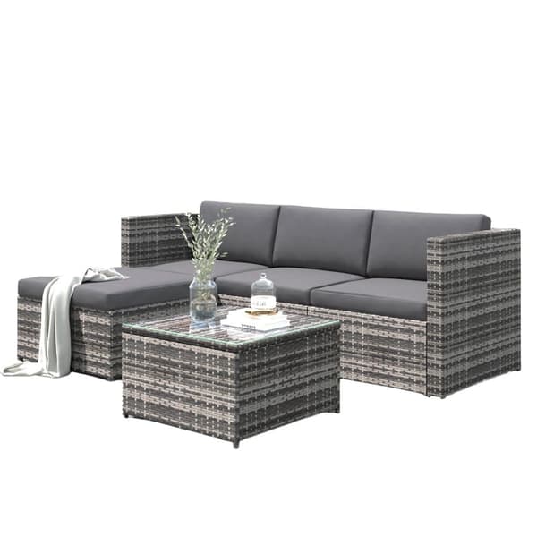 Trädgårdsloungeset, (2-delat), trädgårdsmöbler i polyrattan med dynor och bord - grå