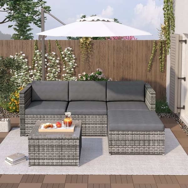 Trädgårdsloungeset, (2-delat), trädgårdsmöbler i polyrattan med dynor och bord - grå