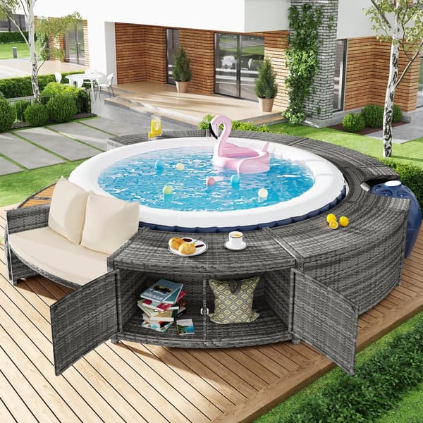 Loungesæt med rund sofa, havemøbelsæt med justerbare fødder og hynder til have- eller poolmøbler