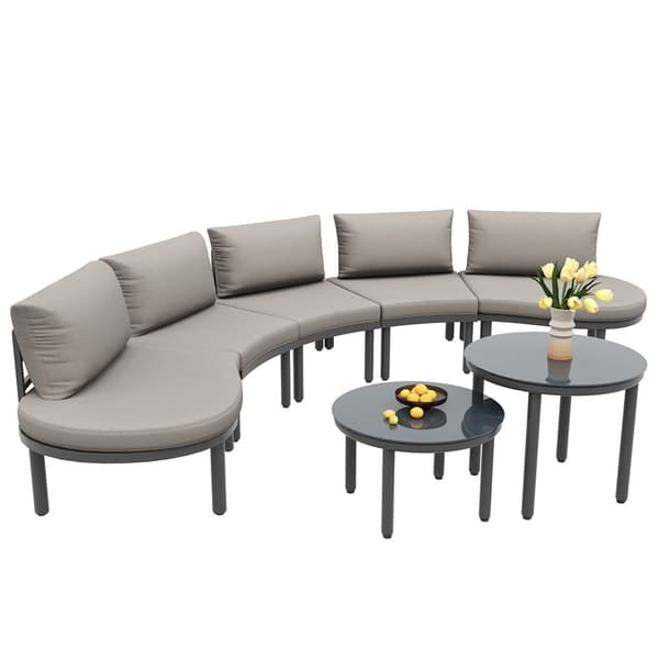 Havemøbelsæt 5 personers med 2 glasborde, galvaniseret stel, grå hynder, justerbare ben, elegant buet sofa