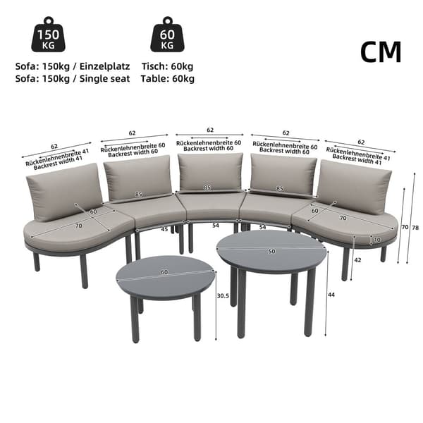 Havemøbelsæt 5 personers med 2 glasborde, galvaniseret stel, grå hynder, justerbare ben, elegant buet sofa