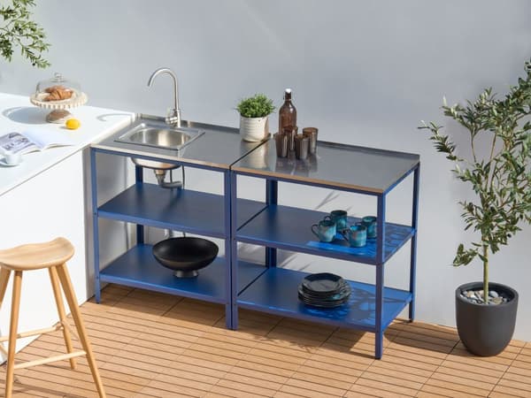 Udekøkken Blå Stål 2 dele Udendørs Køkken med Vask Rustfrit Havekøkken med Bord til Terrasse