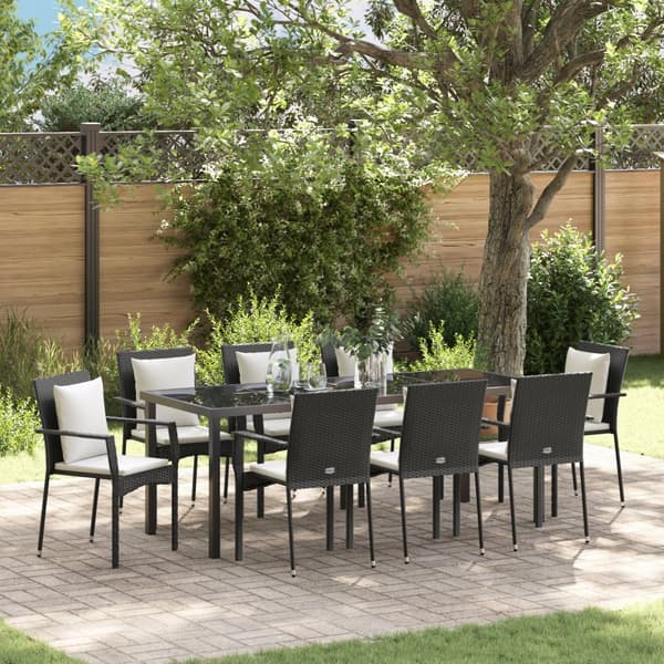 9-delars Trädgårdsdining set med kuddar Svart Poly Rattan