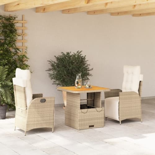 Matgrupp för trädgården 3 delar med dynor beige konstrotting