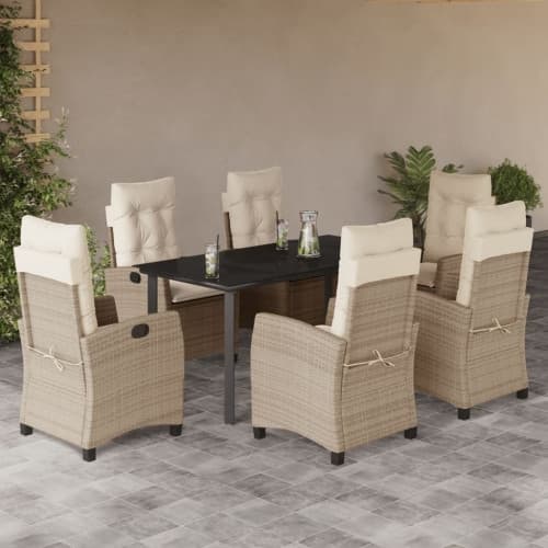 Matgrupp för trädgården med dynor 7 delar beige konstrotting