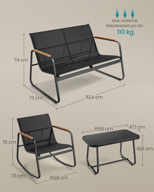 Trädgårdsmöbelset, SONGMICS GGF0028B01, 47,1x69,6x41,8 cm, 73x60,8x76 cm, 73x113,4x74 cm, Svart