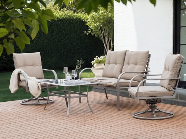 Hagesett i Stål 2-seters Sofa med Lenestoler Svart Metallramme Beige Puter i Stoff