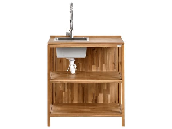 Utendørs kjøkkenøy med vask og kran Brun Sølv Akasietre Rustfritt stål 50 x 80 x 90 cm 2 hyller Utekjøkken Hage