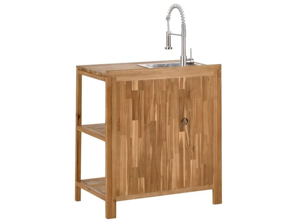 Utendørs kjøkkenøy med vask og kran Brun Sølv Akasietre Rustfritt stål 50 x 80 x 90 cm 2 hyller Utekjøkken Hage