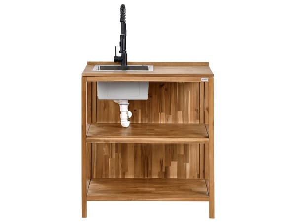 Utendørs kjøkkenøy med vask og kran Brun Svart Akasietre Rustfritt stål 50 x 80 x 90 cm 2 hyller Utekjøkken Hage