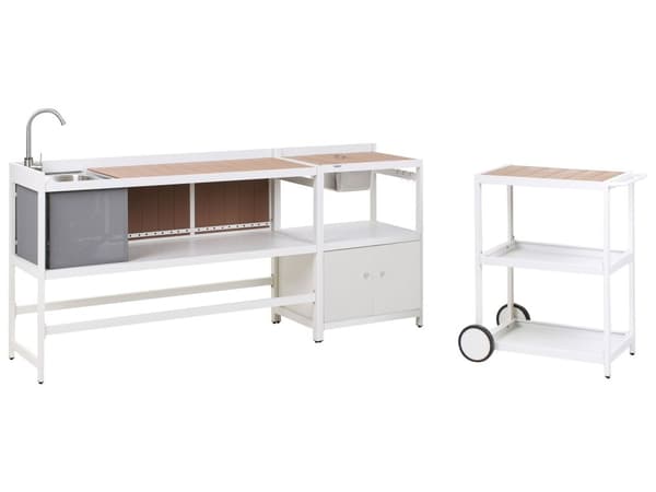 Utekjøkken Hvit Aluminium Sett med 3 deler Oppbevaringsskap med vask Øy Trillebord Moderne design Hagemøbler Kjøkken