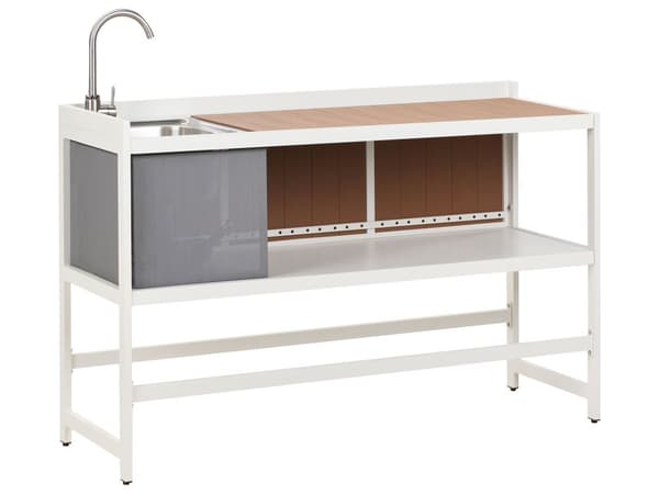 Utekjøkken Hvit Aluminium Sett med 3 deler Oppbevaringsskap med vask Øy Trillebord Moderne design Hagemøbler Kjøkken