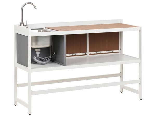 Utekjøkken Hvit Aluminium Sett med 3 deler Oppbevaringsskap med vask Øy Trillebord Moderne design Hagemøbler Kjøkken