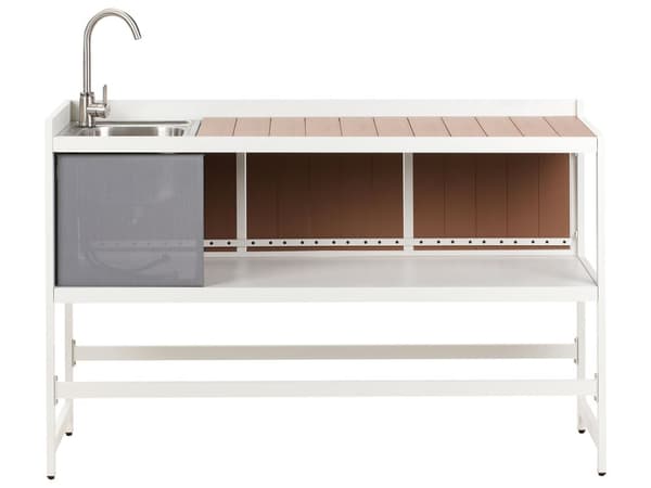 Utekjøkken Hvit Aluminium Sett med 3 deler Oppbevaringsskap med vask Øy Trillebord Moderne design Hagemøbler Kjøkken