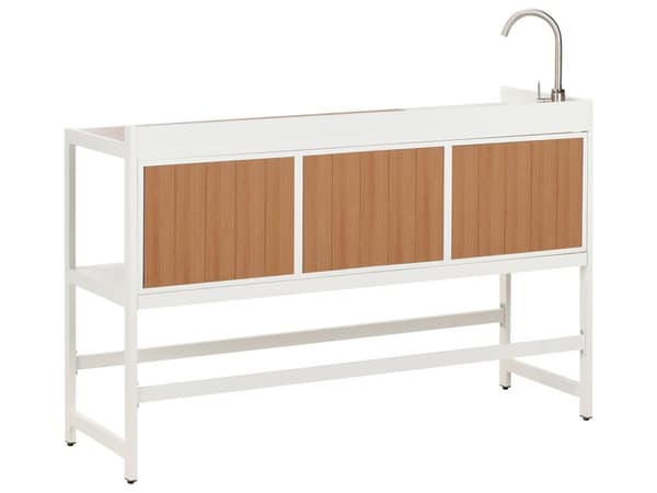 Utekjøkken Hvit Aluminium Sett med 3 deler Oppbevaringsskap med vask Øy Trillebord Moderne design Hagemøbler Kjøkken