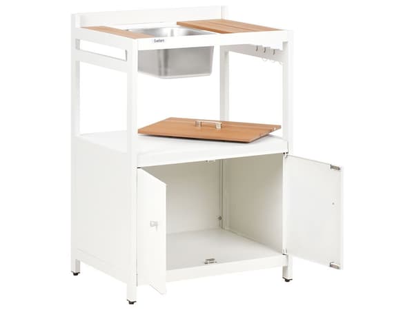 Utekjøkken Hvit Aluminium Sett med 3 deler Oppbevaringsskap med vask Øy Trillebord Moderne design Hagemøbler Kjøkken