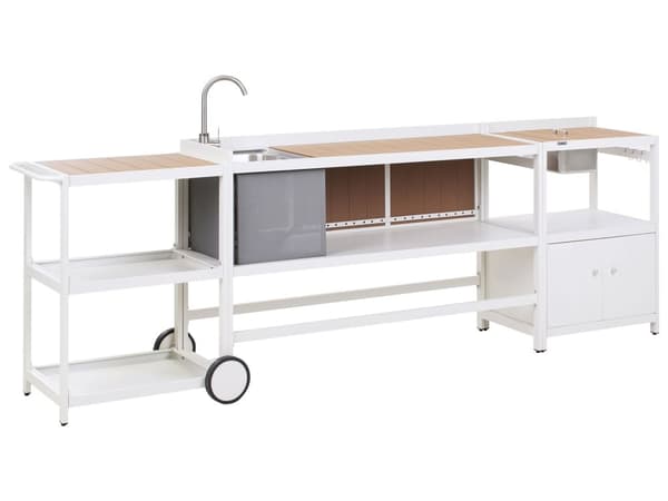 Utekjøkken Hvit Aluminium Sett med 3 deler Oppbevaringsskap med vask Øy Trillebord Moderne design Hagemøbler Kjøkken
