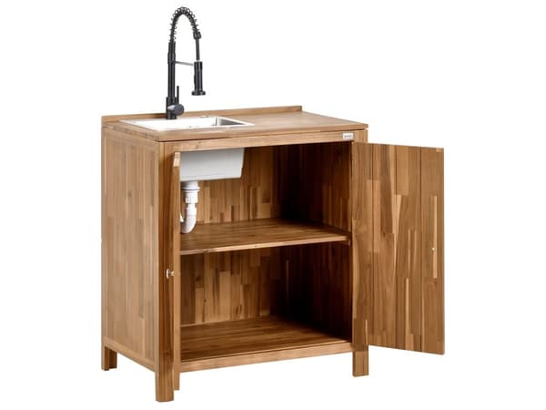 Utendørs kjøkkenskap med vask og kran Brun Svart Akasietre Rustfritt stål 50 x 80 x 90 cm 2 hyller 2 dører Utekjøkken Hage