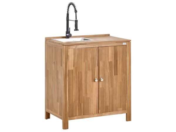 Utendørs kjøkkenskap med vask og kran Brun Svart Akasietre Rustfritt stål 50 x 80 x 90 cm 2 hyller 2 dører Utekjøkken Hage